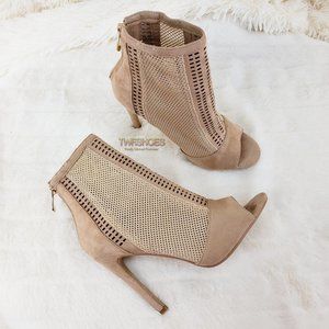 Nude Ankle Boots 5" Heel Weave Fabric Peep Toe